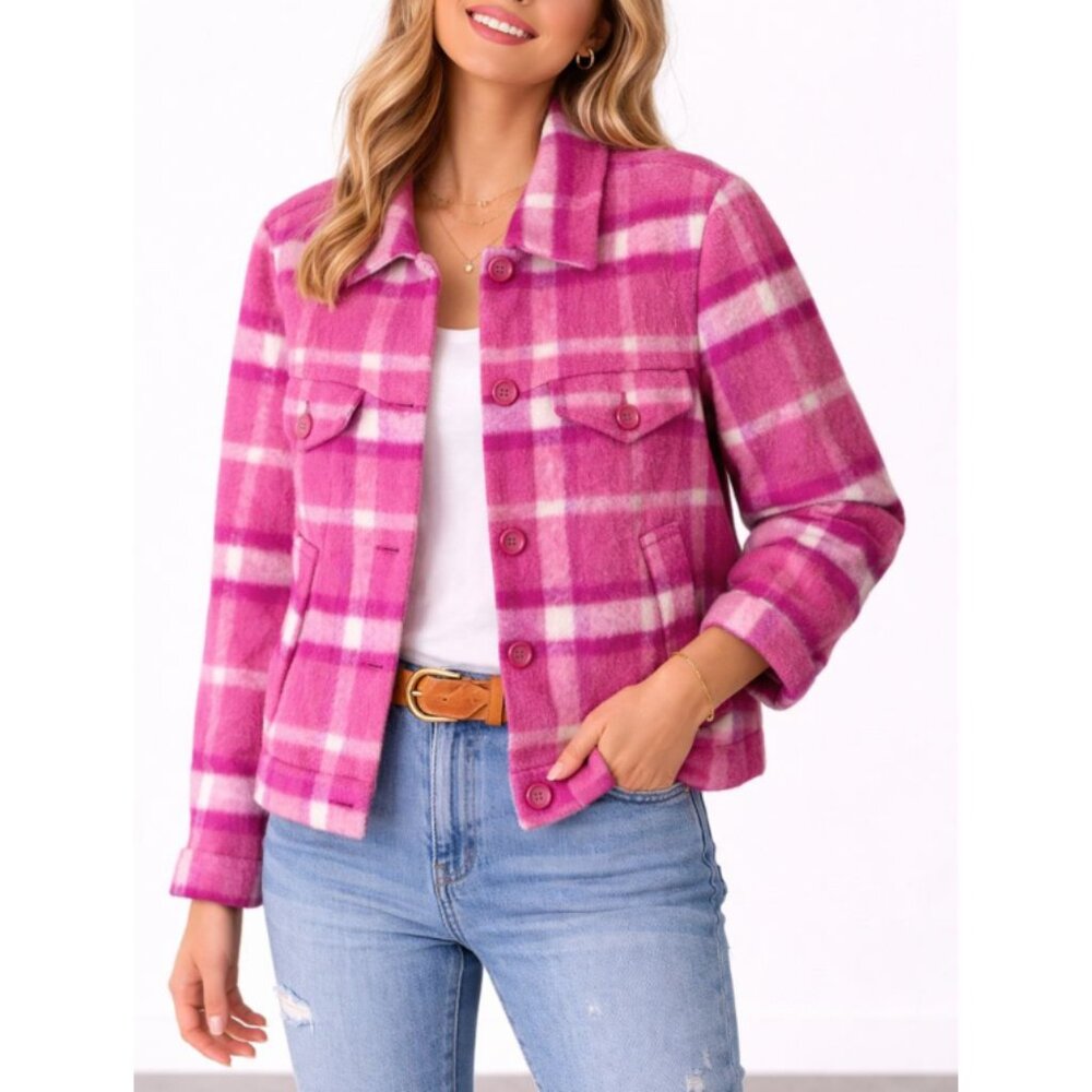 United Colors Of Benetton Women's Pink Checkered Collared Teddy Jacket Size XS